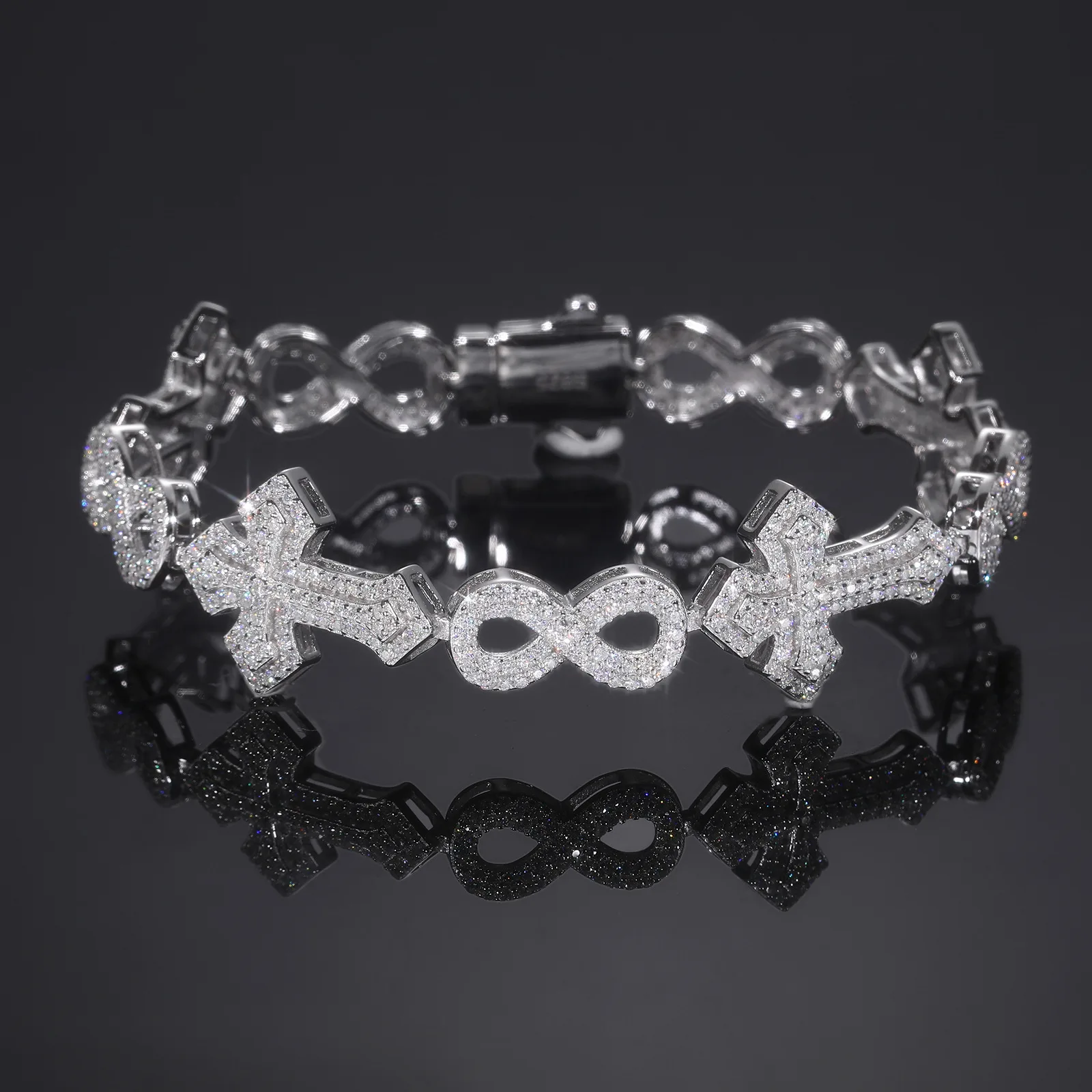 TQB0177 S925 Silver 18K White Gold Full Pavé Moissanite Hip-Hop Cross Infinity Bracelet 3.97ct