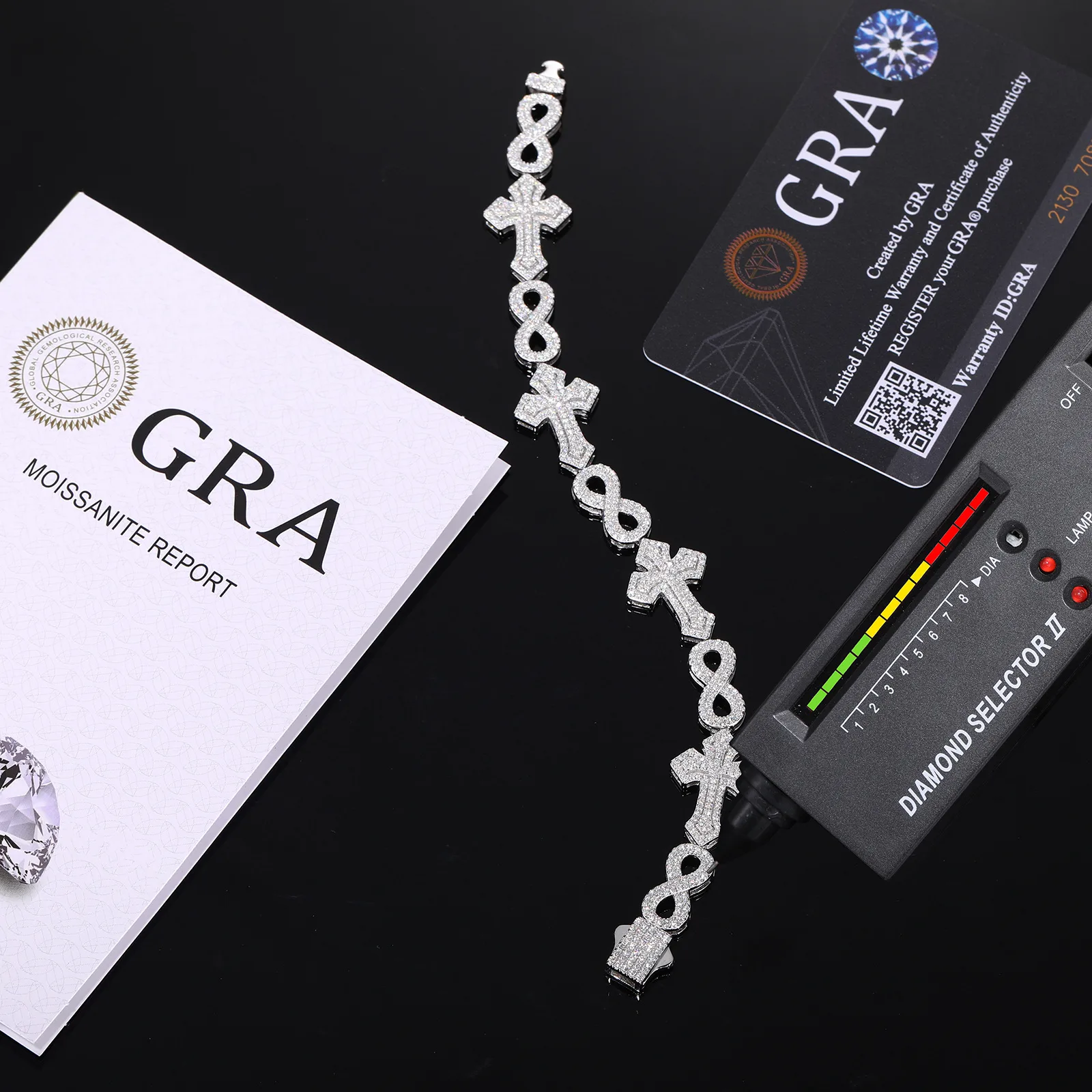 TQB0177 S925 Silver 18K White Gold Full Pavé Moissanite Hip-Hop Cross Infinity Bracelet 3.97ct