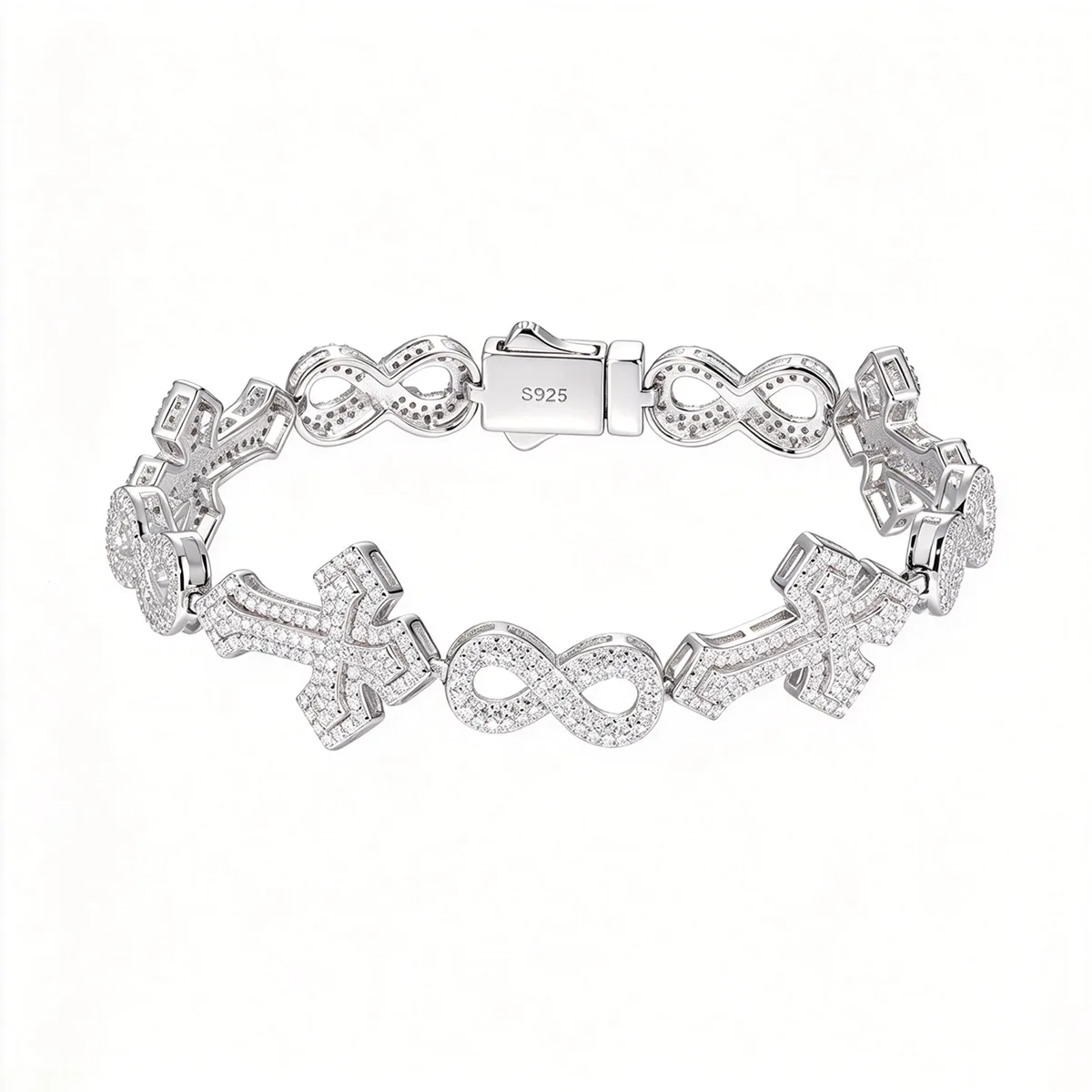 TQB0177 S925 Silver 18K White Gold Full Pavé Moissanite Hip-Hop Cross Infinity Bracelet 3.97ct