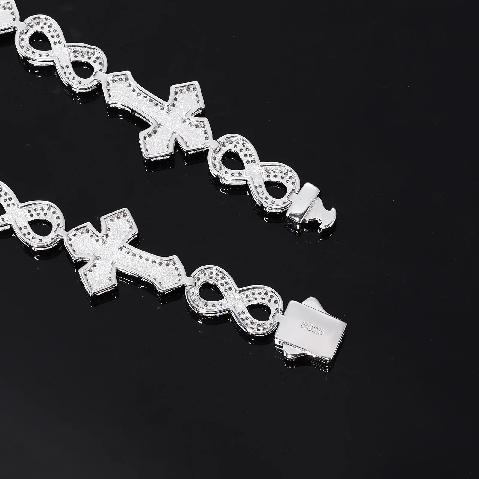 TQB0177 S925 Silver 18K White Gold Full Pavé Moissanite Hip-Hop Cross Infinity Bracelet 3.97ct